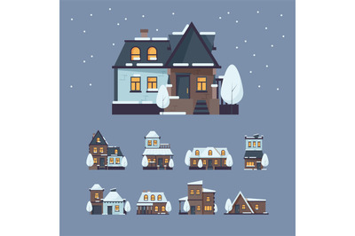 Frozen houses. Christmas winter buildings with snow cap from snowflake