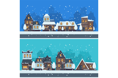 Snow winter city. Urban landscape with christmas season houses holiday