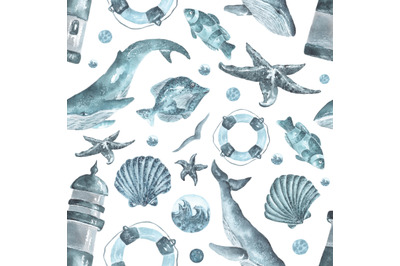 Ocean watercolor seamless pattern. Sea, ocean, beach pattern