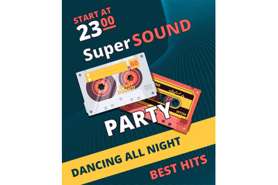 Retro party poster. Music night 90s dance time audio tape cassette vec