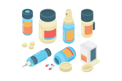 Drugs pills isometric. Pharmaceutical healthcare 3d items emergency do