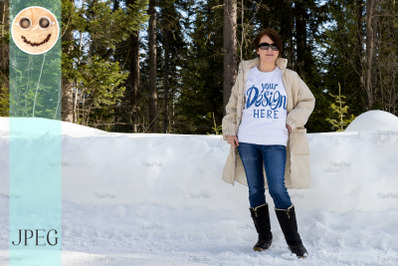 White sweatshirt mockup of a woman wearing black snow boots.