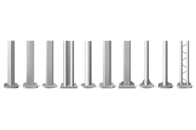 Realistic metal poles. Silver metal vertical pillars, glossy aluminum