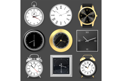 Realistic clocks. Wristwatch, alarm clock and silver metal wall clocks