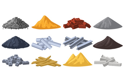 Construction materials. Building material piles, gravel, sand, bricks