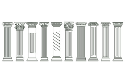 Ancient classic pillars. Greek and roman architecture pillars, histori