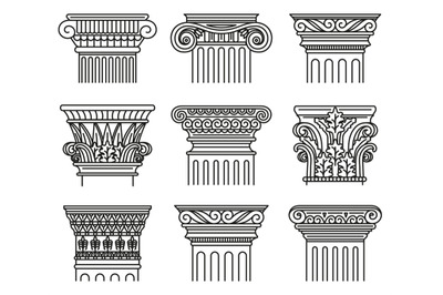 Ancient greek capitals. Architectural orders, ionic and doric antique