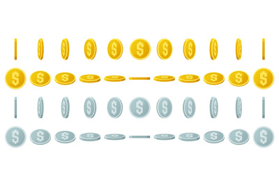 Gold coins animation. Spin gold and silver coins, shiny gambling coins