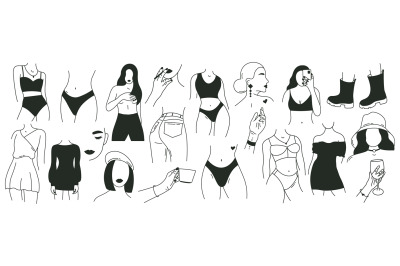 Minimalist faceless woman. Outline graceful female body parts, modern