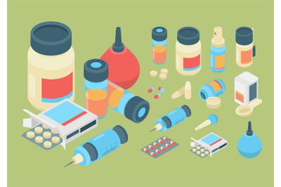 Pharmacy isometric. Medicine healthcare drugs and pills medication vec