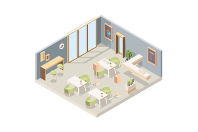 Restaurant isometric. Cafe modern interior storefront walls 3d furnitu