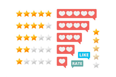 Rating stars. Social assessment scores likes hearts vector symbols