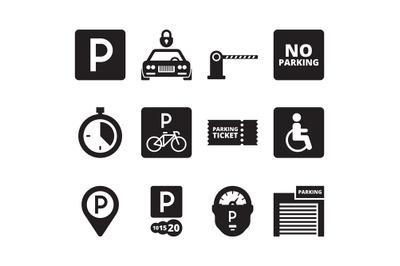 Parking icon. Transportation silhouette symbols cars bikes cash garage