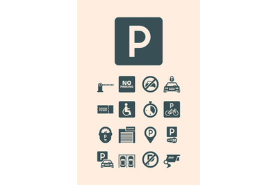 Parking symbols. Paid money garage auto park cars bikes buses automati