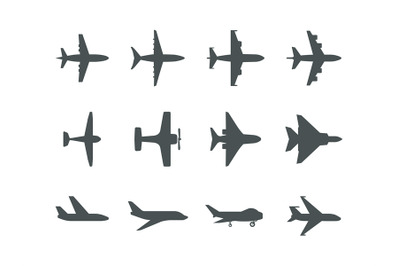 Planes symbols. Aircraft silhouettes jet aviation transportation for t