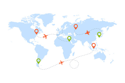 Aircraft route. Worldwide map with pictograms of planes and shapes tra