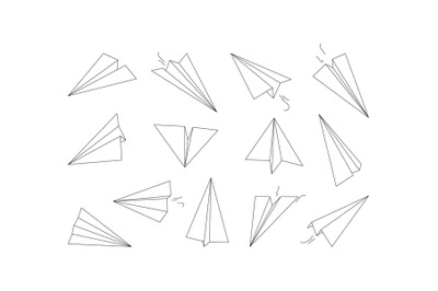 Linear paper planes. Drawing origami aircraft transport air vector col