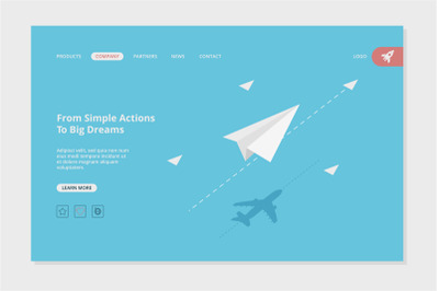 Airplane landing. Success business web page concept picture with paper