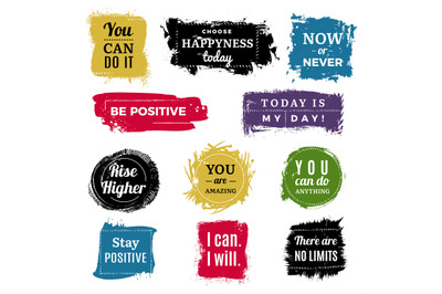 Motivation badges. Grunge background ink brush paint labels with text