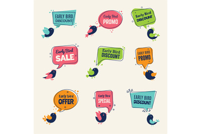 Early bird. Special offers badges discounts labels with birds vector a