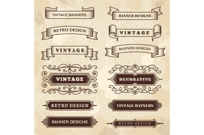 Vintage banners. Wedding flourish ornament grunge ribbons chalkboard t