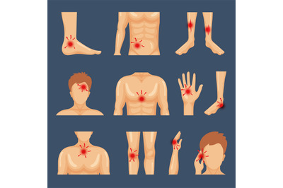 Physical injury. Body parts shoulders trauma pain legs healthy lifesty