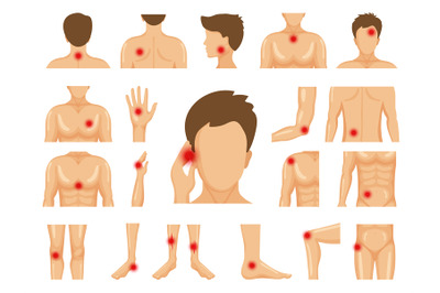 Body pain. Physical injury human trauma symbols on legs shoulders hand