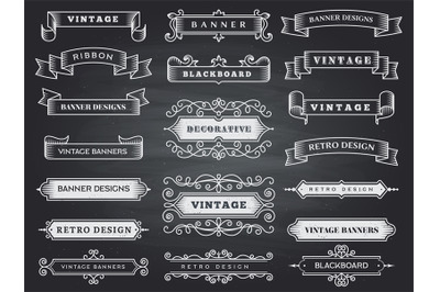 Retro horizontal banners. Ribbon flourish ornate frame decoration vect