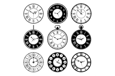 Retro clocks. Old roman vintage round watches collection vector pictur