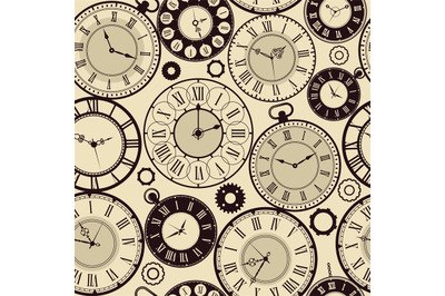 Vintage clock pattern. Old retro watches vector seamless background ve