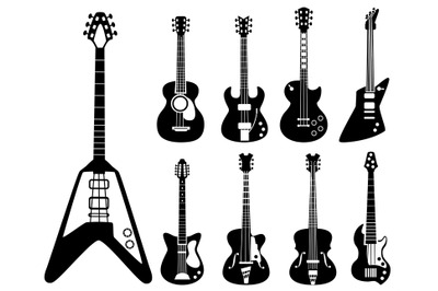 Guitar silhouettes. Musical instruments black symbols acoustic and roc