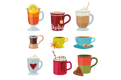 Hot drinks. Warm mugs tea coffee cocoa mulled wine vector collection c