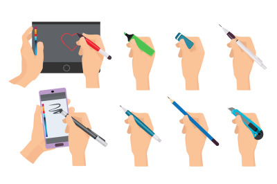 Hands writing. Writers holding pen and pencil vector cartoon tools