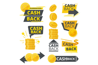 Cash back. Ads promotional badges stickers special offers vector money