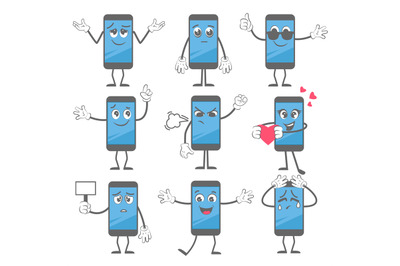 Cartoon smartphone. Mobile telephone mascot action poses with hands an