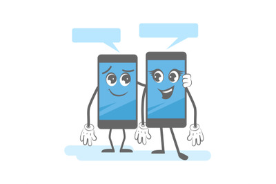 Smartphone dialog. Cartoon gadgets speaking together digital mobile de