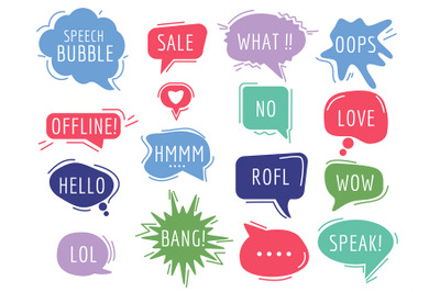 Communication tags. Cartoon speech bubbles with humor phrase text soun