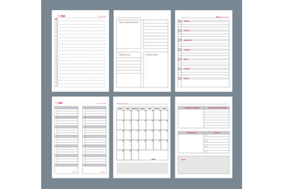 Planner pages. Notebook agenda diary vertical pages template goals org