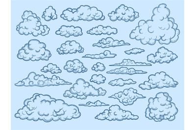 Clouds sketch. Decorative sky elements weather clouds vector cloudscap