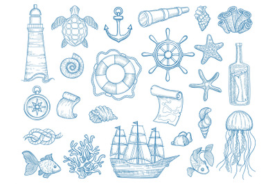 Nautical collection. Sailing boats hand drawn marine set fishes vessel