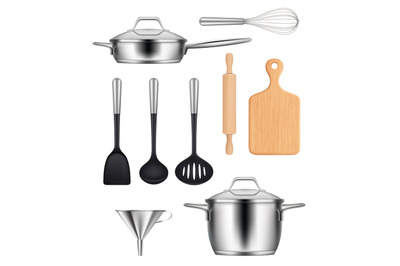 Kitchen utensils. Pans steel pot griddles knives items for cooking foo