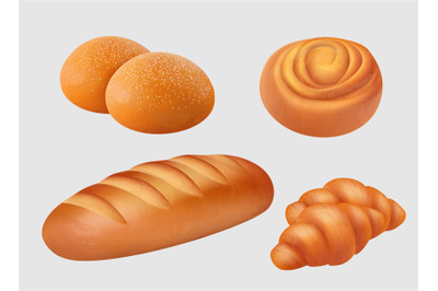 Bakery realistic. Breakfast food pastries, loaf, buns, bagels, pretzel