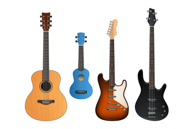 Guitars. Realistic musical instruments sound making items rock and aco