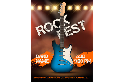 Rock festival invitation. Music guitar realistic illustration poster w