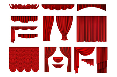 Red curtains. Textile theatrical opera scenes decoration curtains vect