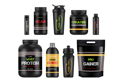 Sport nutrition labels. Protein and amino bcaa fitness vitamin design