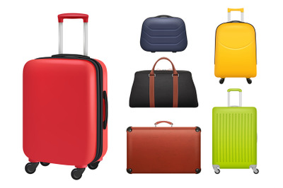 Suitcase realistic. Luggage tourists fashioned colored objects bags fo