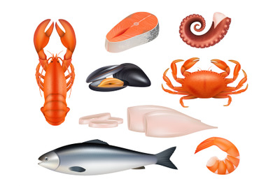 Seafood. Tuna meal fishes shrimps molluscs octopus crab vector realist