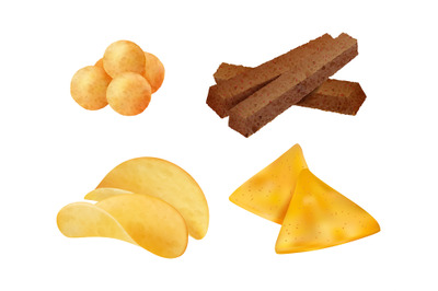 Snacks. Salty crispy junk fast food chips corn cookies vector realisti