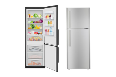 Fridge with food. Opening realistic refrigerator with fresh healthy pr